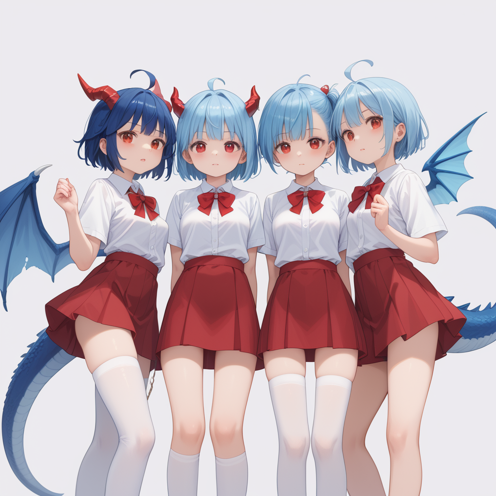 score_9, score_8_up, score_7_up, BREAK source_anime, 3 girls, adult, Wide Shot view, dragon girl with red horn, (blue hair, short spiked hair, pale skin, red eyes, ahoge), blue tail,  medium breasts, (blue dragon wings), (white stockings , white shirt , red skirt, blue wings), blank background