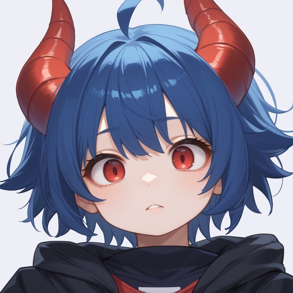 score_9, score_8_up, score_7_up, BREAK source_anime, adult, (Extreme Close-Up Shot to eyes), dragon girl with red horn, (blue hair, short spiked hair, pale skin, red eyes, ahoge), blue tail, medium breasts, (blue dragon wings), (white shirt , blue wings), blank background