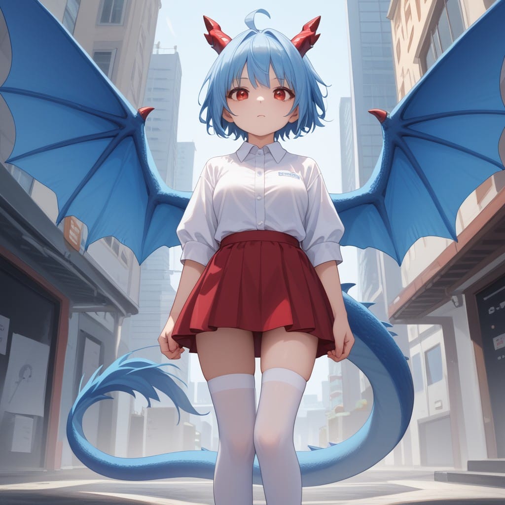 score_9, score_8_up, score_7_up, BREAK source_anime, adult, (Establishing Shot view), dragon girl with red horn, (blue hair, short spiked hair, pale skin, red eyes, ahoge), blue tail, medium breasts, (blue dragon wings), (white stockings , white shirt , red skirt, blue wings), big city on background