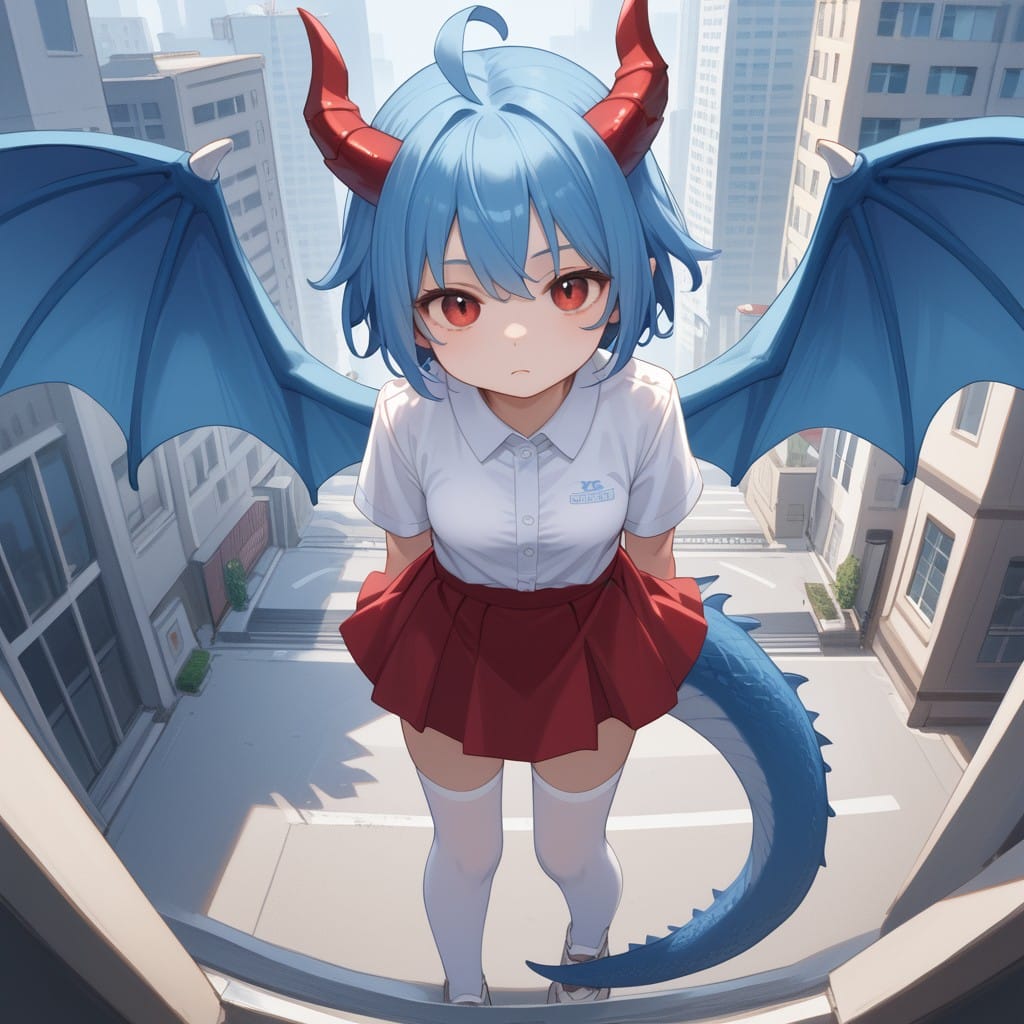 score_9, score_8_up, score_7_up, BREAK source_anime, adult, (Fisheye Shot view), dragon girl with red horn, (blue hair, short spiked hair, pale skin, red eyes, ahoge), blue tail, medium breasts, (blue dragon wings), (white stockings , white shirt , red skirt, blue wings), big city on background