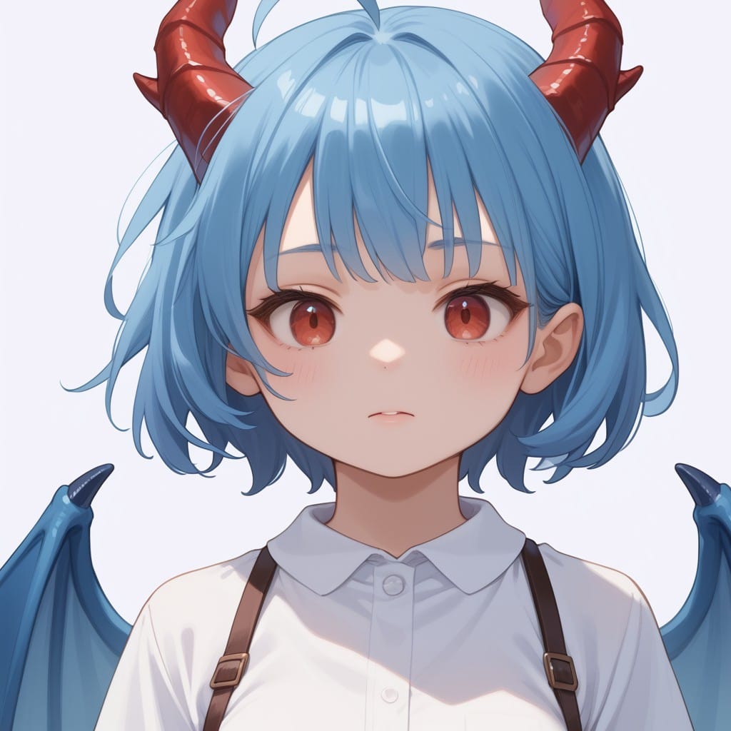 score_9, score_8_up, score_7_up, BREAK source_anime, adult, Close-Up Shot, dragon girl with red horn, (blue hair, short spiked hair, pale skin, red eyes, ahoge), blue tail, medium breasts, (blue dragon wings), (white shirt , blue wings), blank background