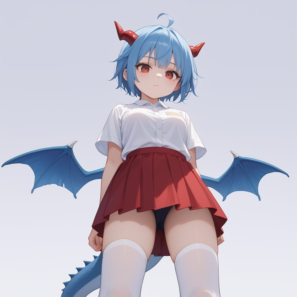 score_9, score_8_up, score_7_up, BREAK source_anime, adult, dragon girl with red horn, (blue hair, short spiked hair, pale skin, red eyes, ahoge), blue tail,  medium breasts, (blue dragon wings), (white stockings , white shirt , red skirt, blue wings), Low Angle Shot, blank background