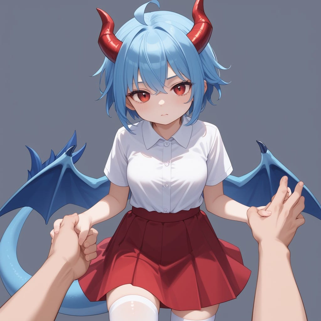 score_9, score_8_up, score_7_up, BREAK source_anime, adult, dragon girl with red horn, (blue hair, short spiked hair, pale skin, red eyes, ahoge), blue tail, medium breasts, (blue dragon wings), (white stockings , white shirt , red skirt, blue wings), Point-of-View Shot, POV, hand grab girl , blank background