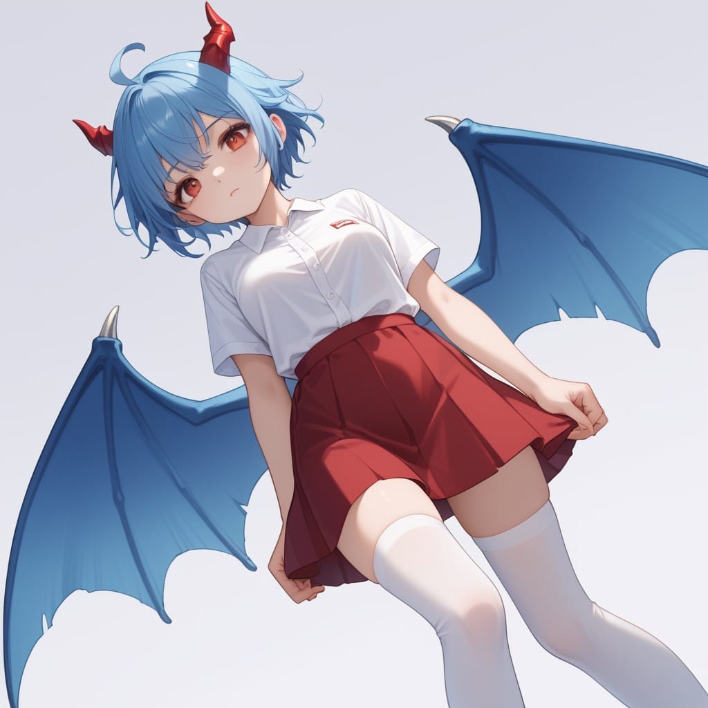 score_9, score_8_up, score_7_up, BREAK source_anime, adult, dragon girl with red horn, (blue hair, short spiked hair, pale skin, red eyes, ahoge), blue tail,  medium breasts, (blue dragon wings), (white stockings , white shirt , red skirt, blue wings), Dutch Angle, Tilt, blank background