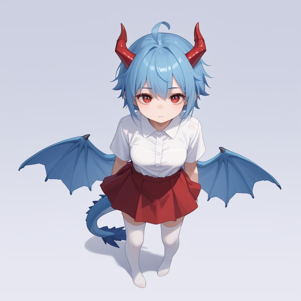 score_9, score_8_up, score_7_up, BREAK source_anime, adult, dragon girl with red horn, (blue hair, short spiked hair, pale skin, red eyes, ahoge), blue tail,  medium breasts, (blue dragon wings), (white stockings , white shirt , red skirt, blue wings), Bird's Eye View, blank background