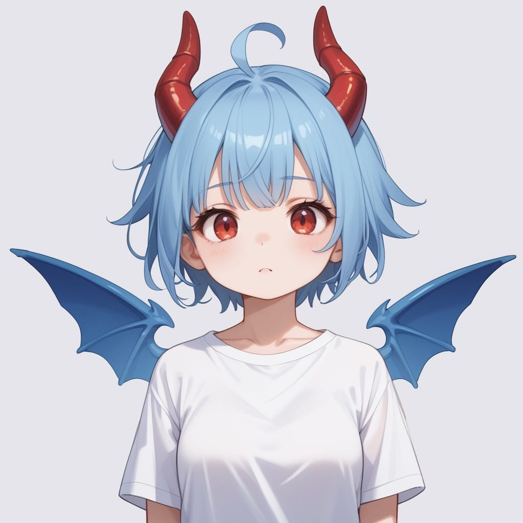 score_9, score_8_up, score_7_up, BREAK source_anime, adult, Medium Shot, dragon girl with red horn, (blue hair, short spiked hair, pale skin, red eyes, ahoge), blue tail, medium breasts, (blue dragon wings), (white shirt , blue wings), blank background