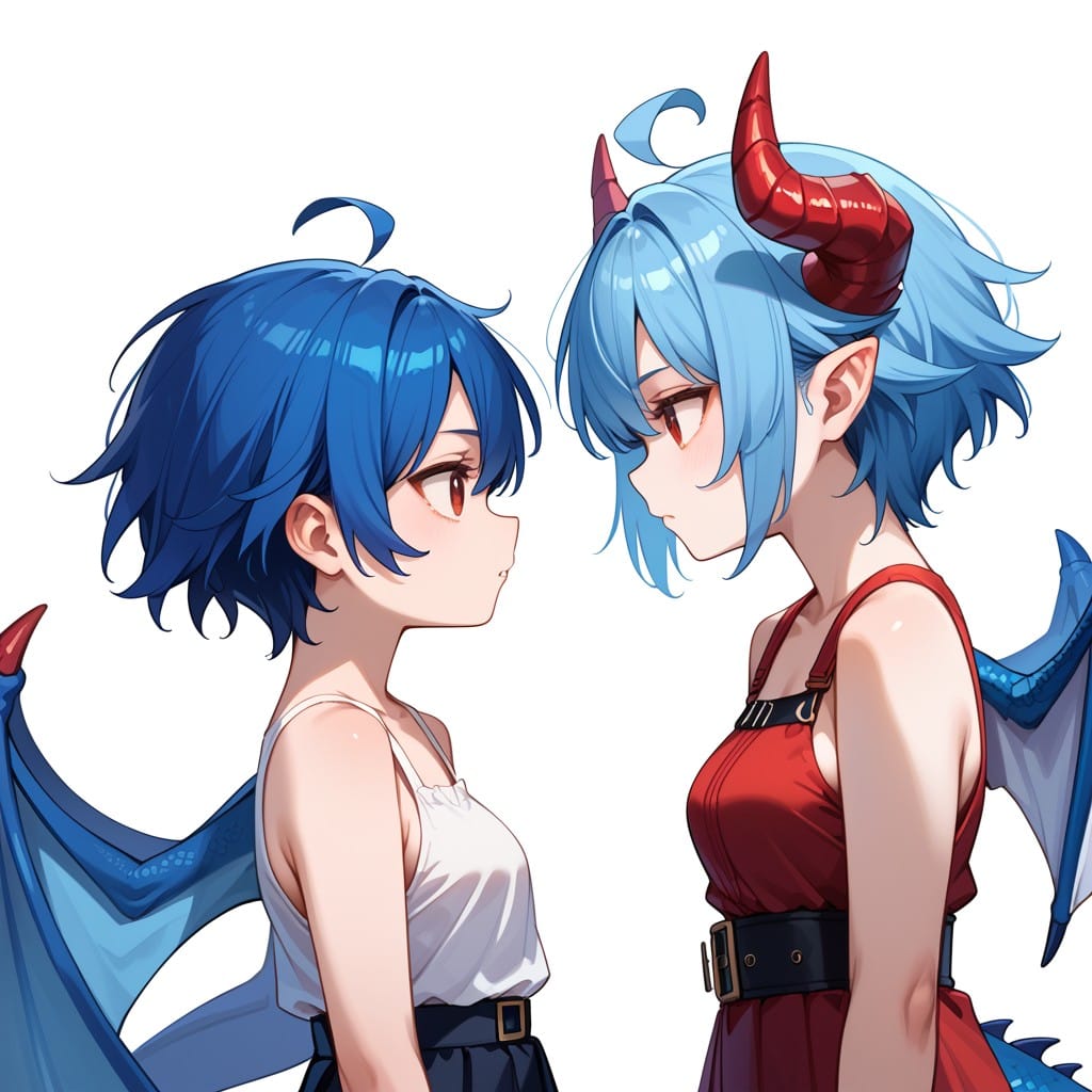 score_9, score_8_up, score_7_up, BREAK source_anime, talk two girls, ((Over the Shoulder Shot view)), adult, dragon girl with red horn, (blue hair, short spiked hair, pale skin, red eyes, ahoge), blue tail, medium breasts, (blue dragon wings), blank background